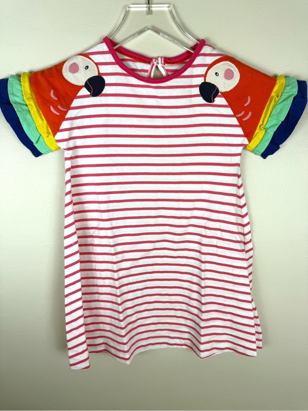 Mini Boden Girls' Pink Stripe Parrot Sleeve Tee